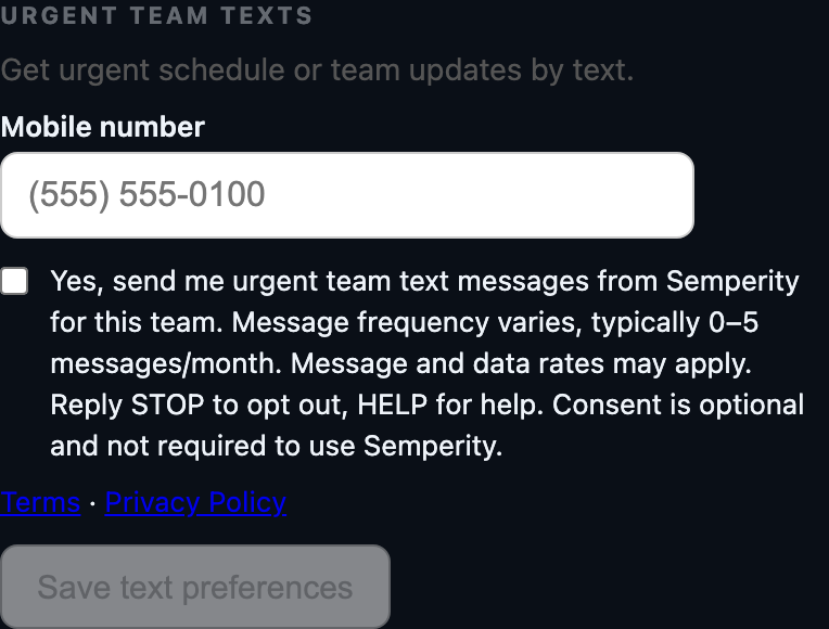 TeamArc Family Home 'Urgent team texts' section: phone field, unchecked consent checkbox with full disclosure, Terms and Privacy links, and the Save text preferences button